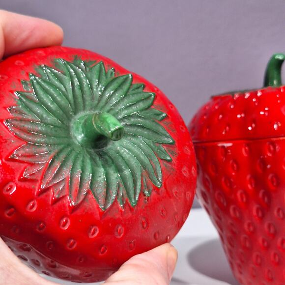 Vintage handprints glass strawberry mini canister jar with lid set of 2 - Picture 3 of 7